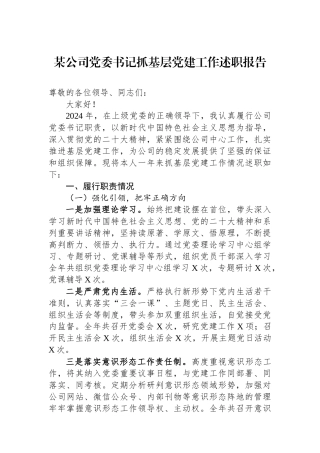 某公司党委书记抓基层党建工作述职报告