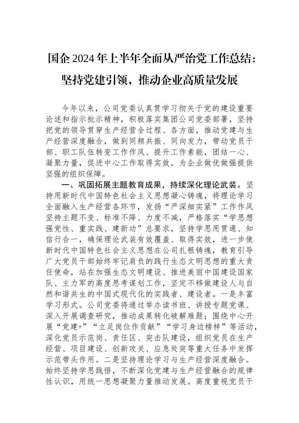 国企2024年上半年全面从严治党工作总结：坚持党建引领，推动企业高质量发展_第1页