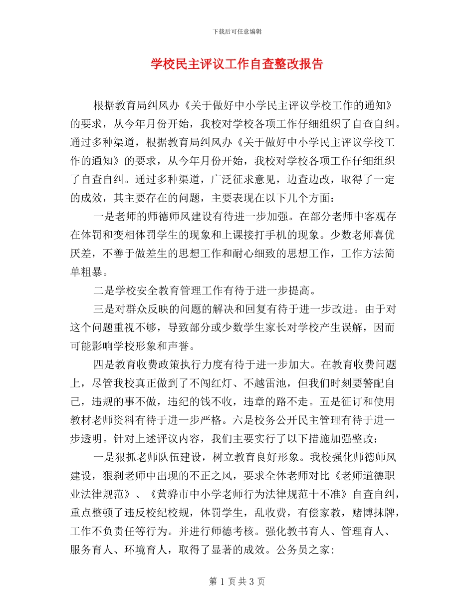 学校民主评议工作自查整改报告_第1页