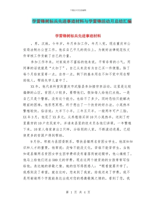 学雷锋树标兵先进事迹材料与学雷锋活动月总结汇编