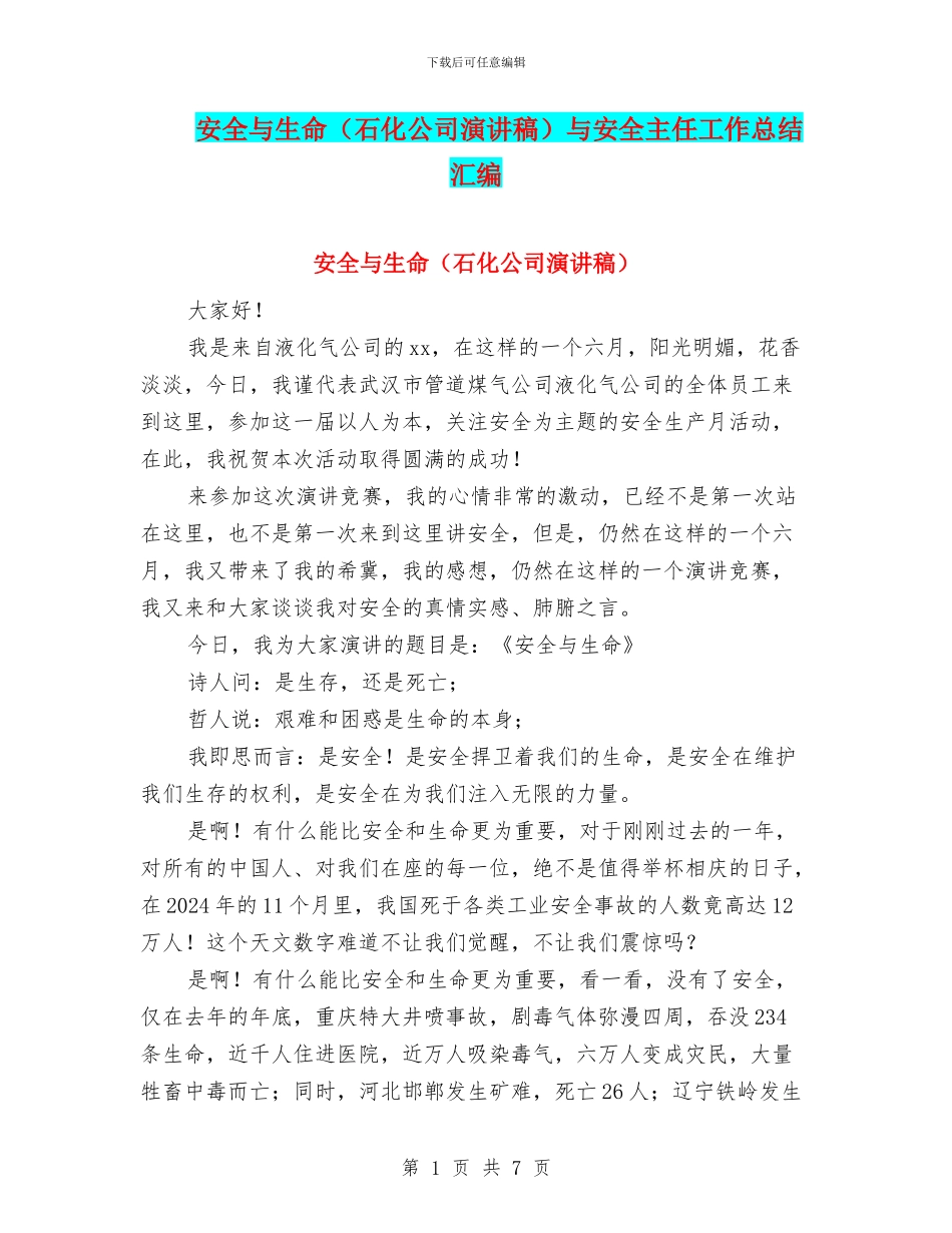 安全与生命与安全主任工作总结汇编_第1页