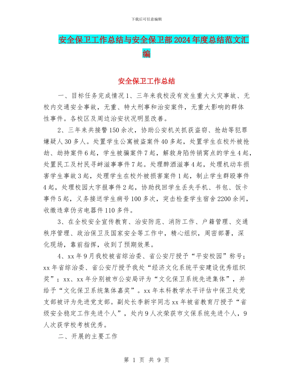 安全保卫工作总结与安全保卫部2024年度总结范文汇编_第1页