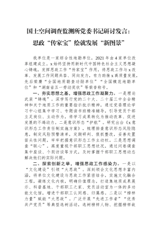 国土空间调查监测所党委书记研讨发言：思政“传家宝”绘就发展“新图景”