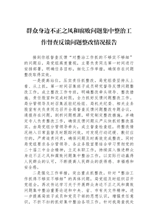 群众身边不正之风和腐败问题集中整治工作督查反馈问题整改情况报告