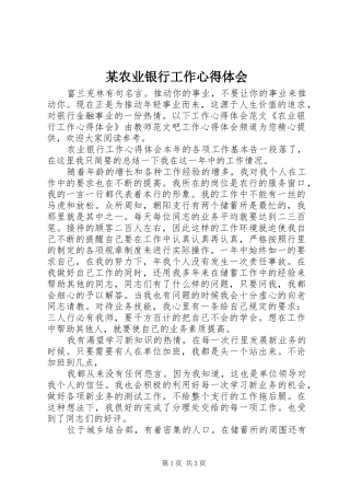 某农业银行工作心得体会