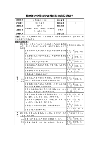 某啤酒企业物资设备科科长岗岗位说明书