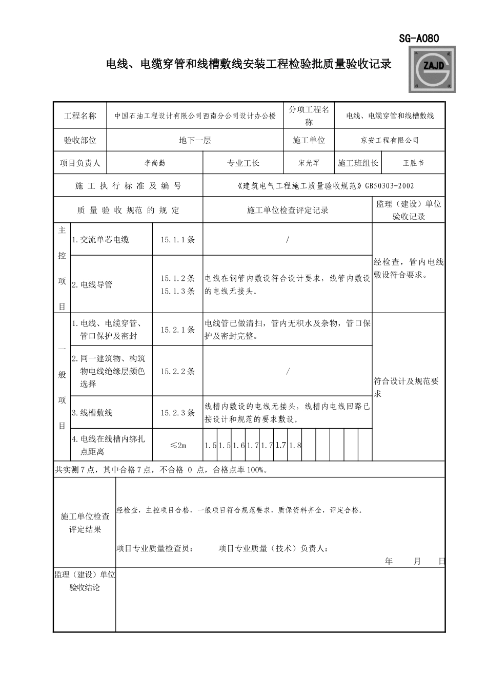 SG-A080电线、电缆穿管和线槽敷线安装工程检验批质量验收记录_第1页