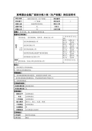 某啤酒企业瓶厂装卸分拣d岗（生产卸瓶）岗位说明书