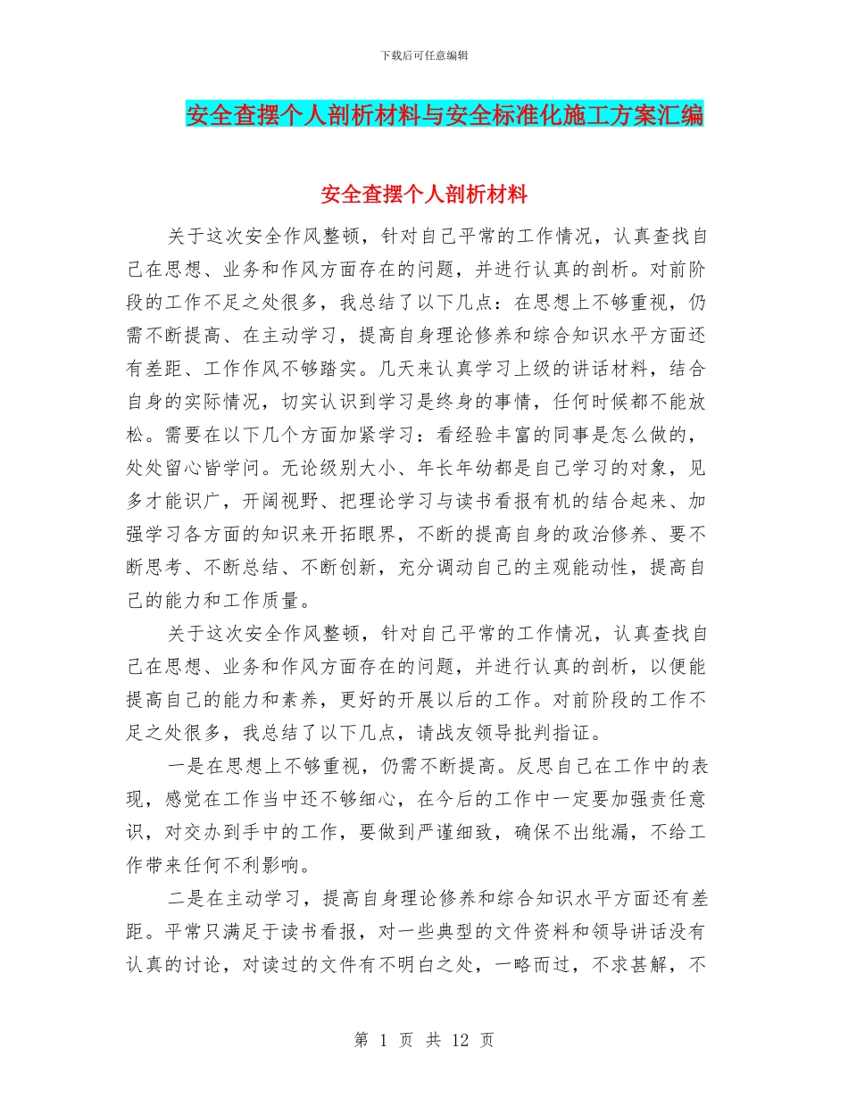 安全查摆个人剖析材料与安全标准化施工方案汇编_第1页