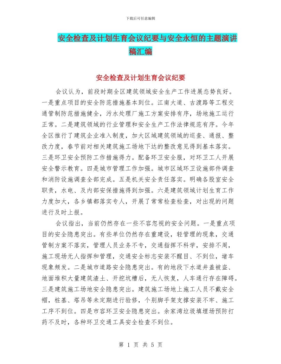 安全检查及计划生育会议纪要与安全永恒的主题演讲稿汇编_第1页