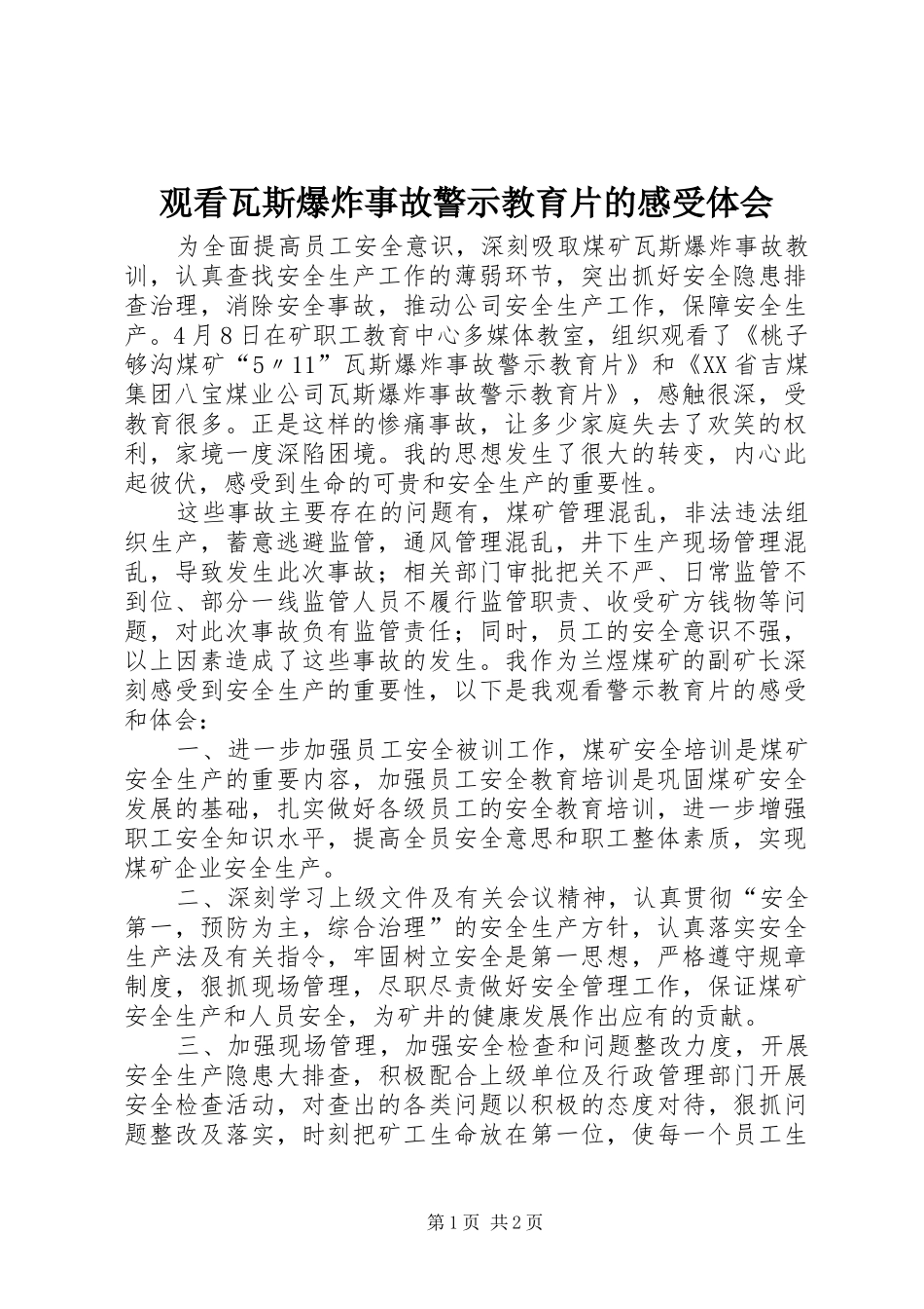观看瓦斯爆炸事故警示教育片的感受体会_第1页