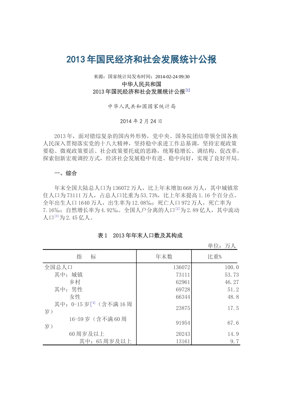 中华人民共和国XXXX年国民经济和社会发展统计公报_第1页