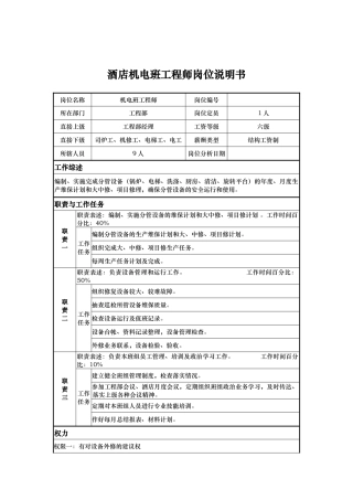 酒店机电班工程师岗位说明书