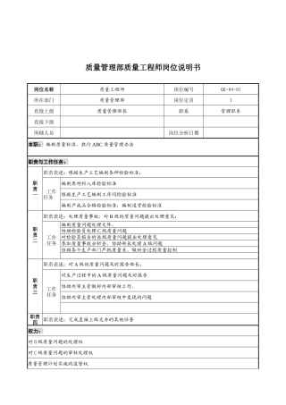 质量管理部质量工程师岗位说明书