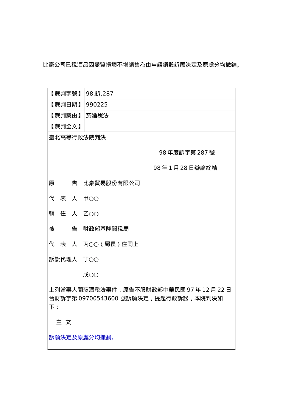 比豪公司已税酒品因变质损坏不堪销售为由申请销毁诉愿..._第1页