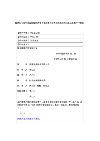 比豪公司已税酒品因变质损坏不堪销售为由申请销毁诉愿...