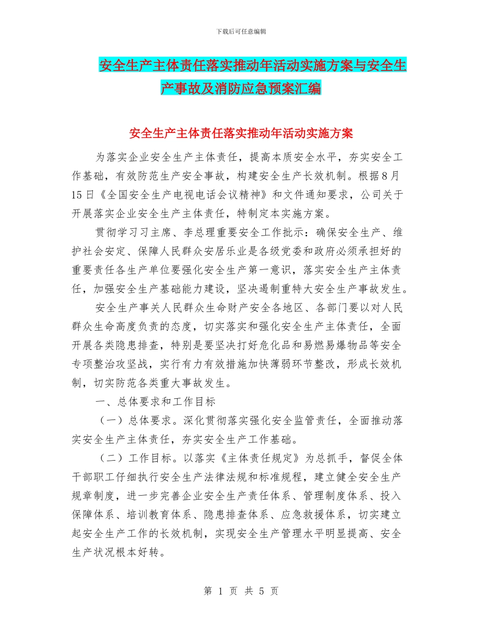 安全生产主体责任落实推进年活动实施方案与安全生产事故及消防应急预案汇编_第1页