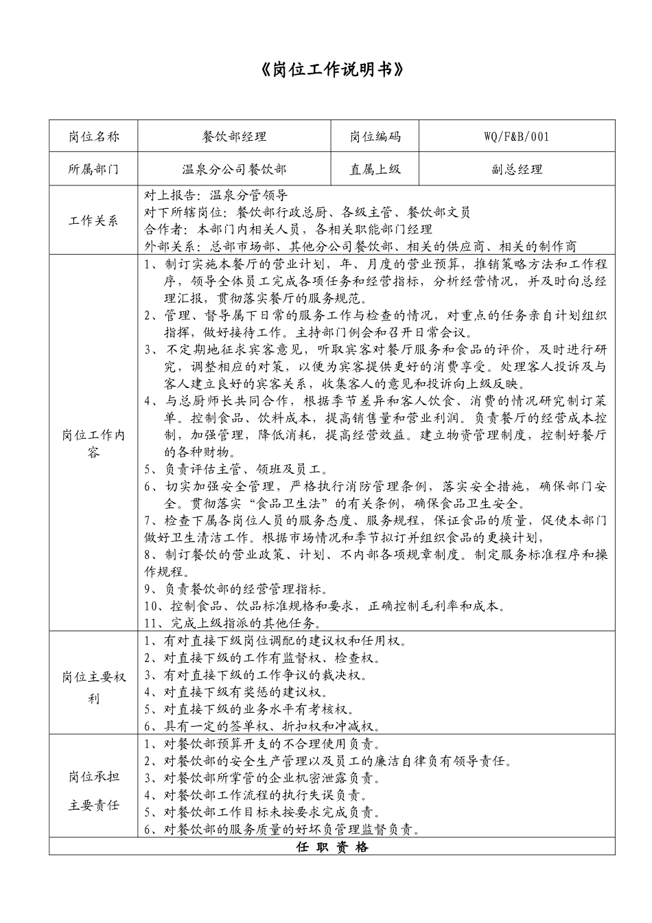 4、餐饮部岗位工作说明书_第1页