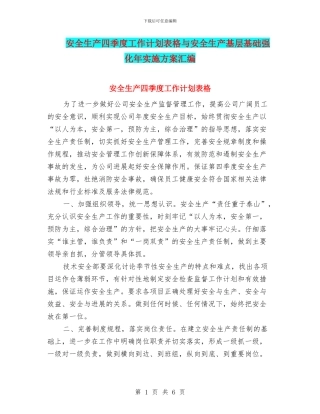 安全生产四季度工作计划表格与安全生产基层基础强化年实施方案汇编