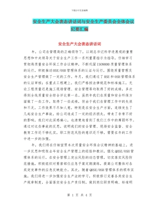 安全生产大会表态讲话词与安全生产委员会全体会议纪要汇编