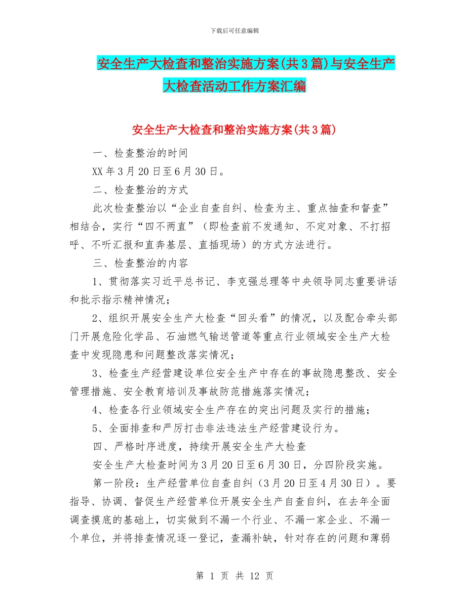 安全生产大检查和整治实施方案与安全生产大检查活动工作方案汇编_第1页