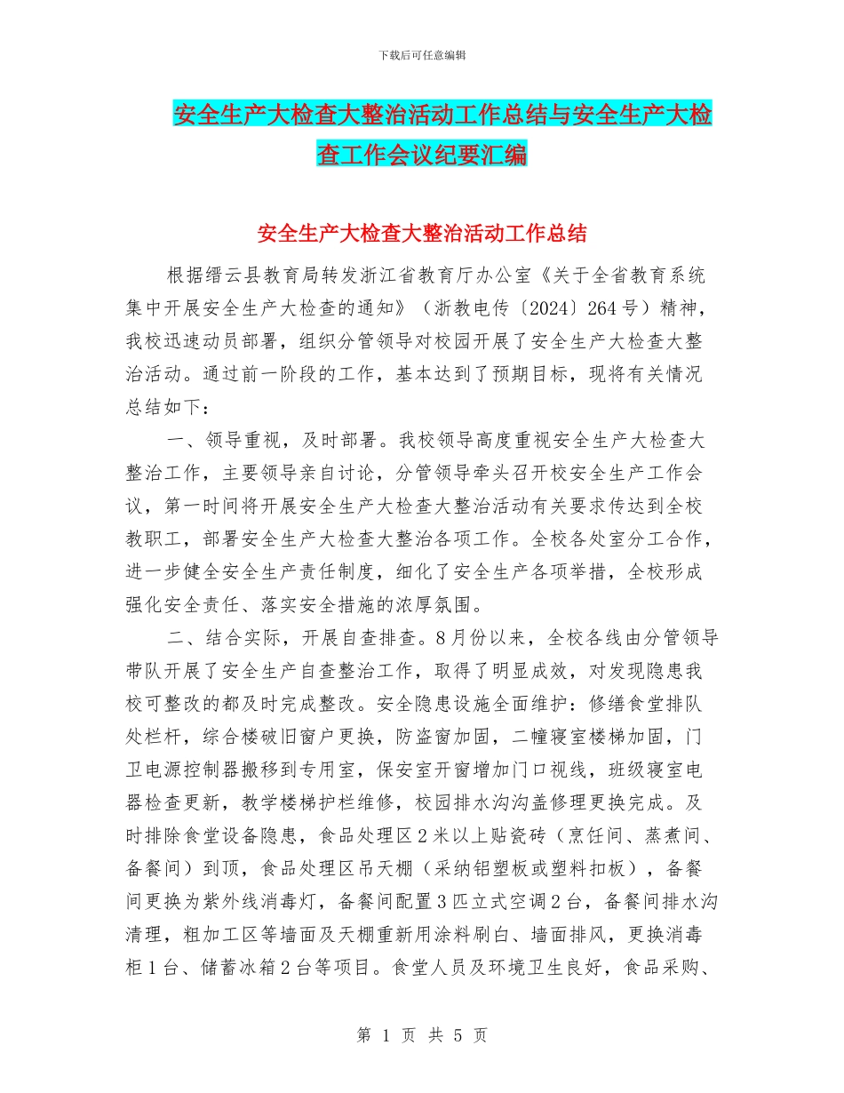 安全生产大检查大整治活动工作总结与安全生产大检查工作会议纪要汇编_第1页