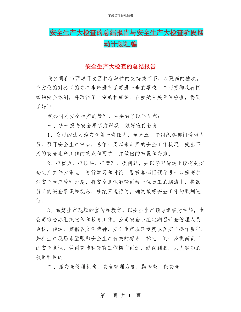 安全生产大检查的总结报告与安全生产大检查阶段推进计划汇编_第1页