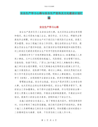 安全生产学习心得与安全生产宣传及文化建设计划汇编