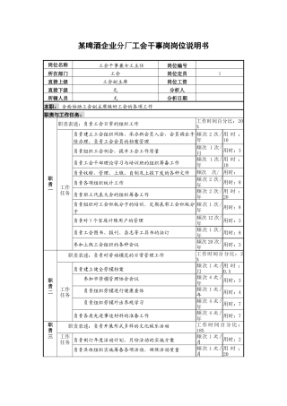 某啤酒企业分厂工会干事岗岗位说明书