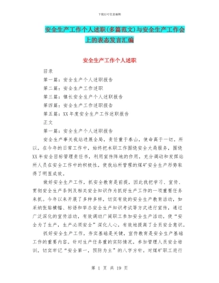 安全生产工作个人述职与安全生产工作会上的表态发言汇编