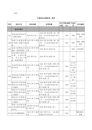 交通违法处理标准及代码对照表