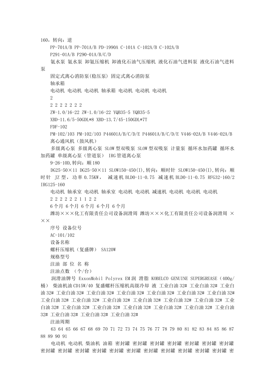 潍坊×××化工有限责任公司设备润滑周期表_第3页