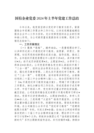 国有企业党委2024年上半年党建工作总结