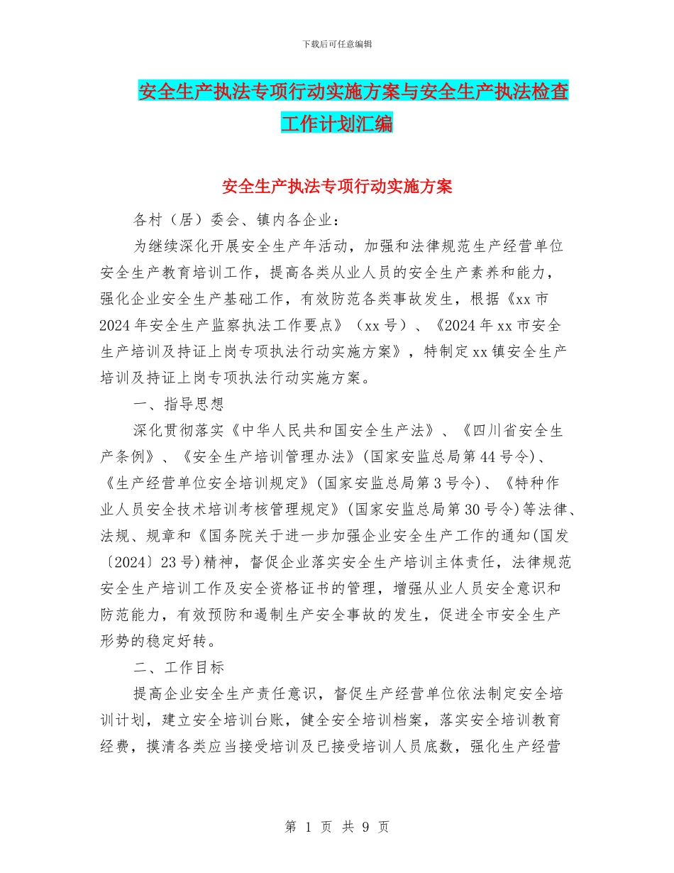 安全生产执法专项行动实施方案与安全生产执法检查工作计划汇编_第1页