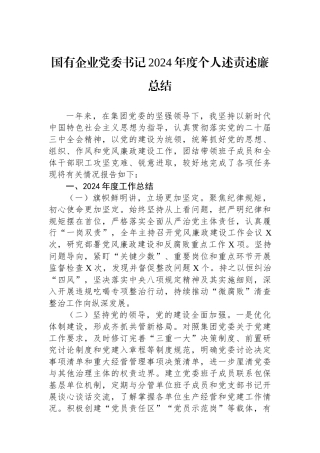 国有企业党委书记2024年度个人述责述廉总结