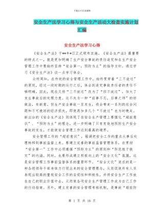 安全生产法学习心得与安全生产活动大检查实施计划汇编