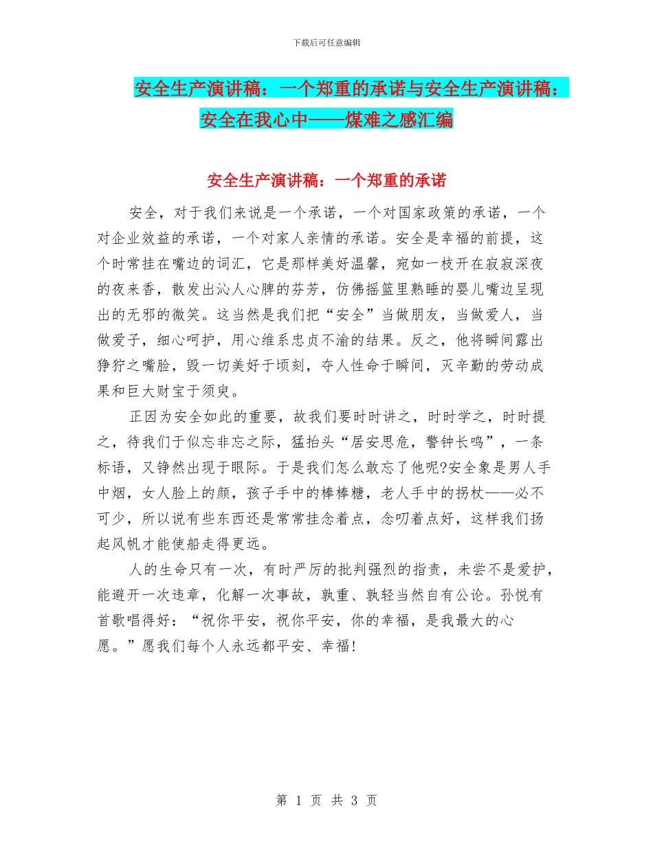 安全生产演讲稿：一个郑重的承诺与安全生产演讲稿：安全在我心中——煤难之感汇编_第1页