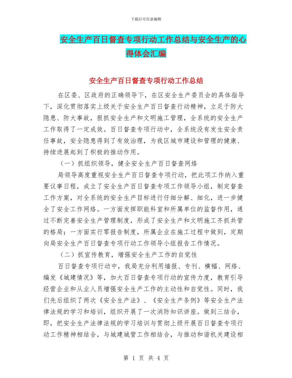 安全生产百日督查专项行动工作总结与安全生产的心得体会汇编_第1页