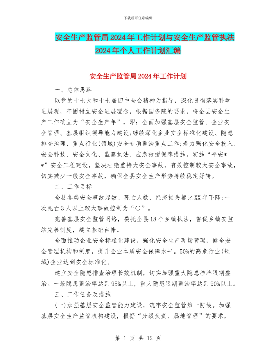安全生产监管局2024年工作计划与安全生产监管执法2024年个人工作计划汇编_第1页