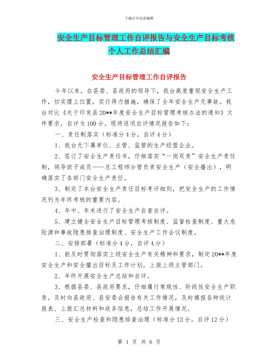 安全生产目标管理工作自评报告与安全生产目标考核个人工作总结汇编_第1页