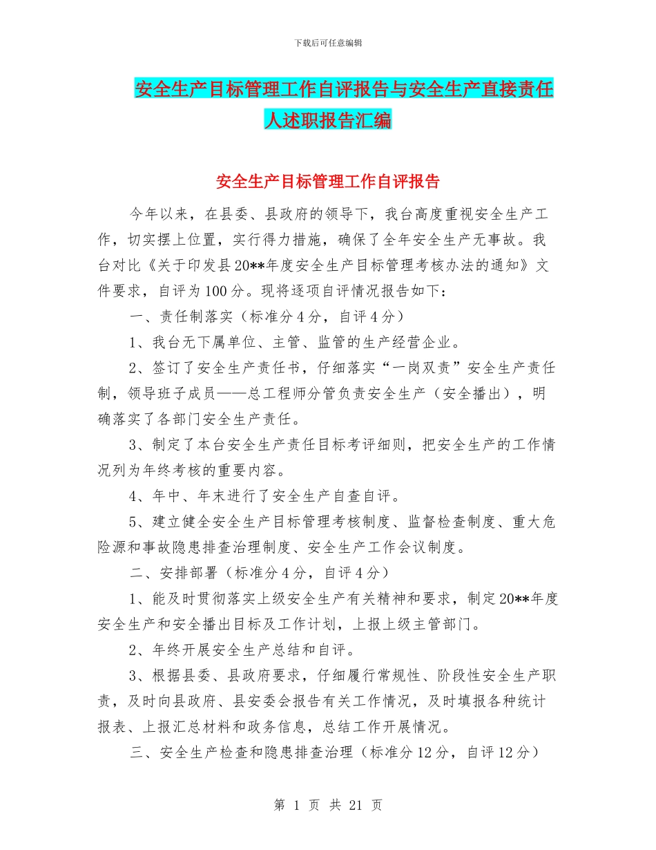 安全生产目标管理工作自评报告与安全生产直接责任人述职报告汇编_第1页