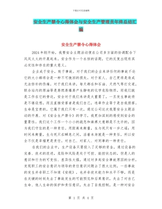 安全生产禁令心得体会与安全生产管理员年终总结汇编