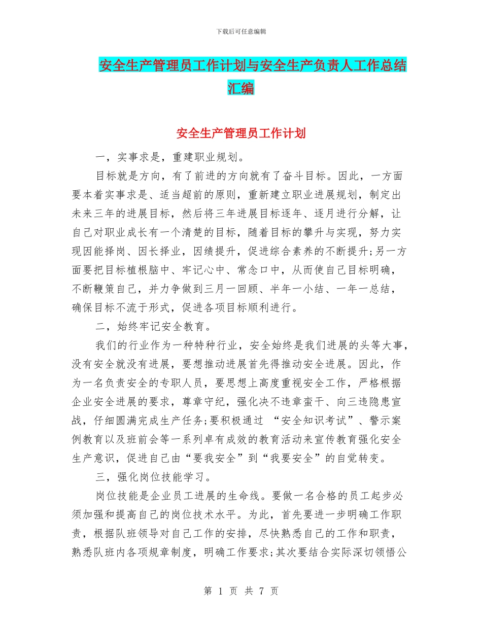 安全生产管理员工作计划与安全生产负责人工作总结汇编_第1页