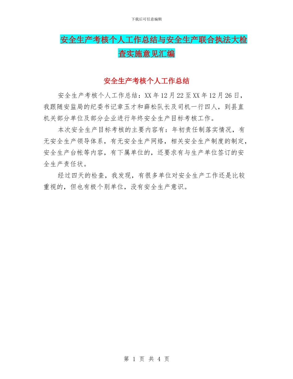 安全生产考核个人工作总结与安全生产联合执法大检查实施意见汇编_第1页