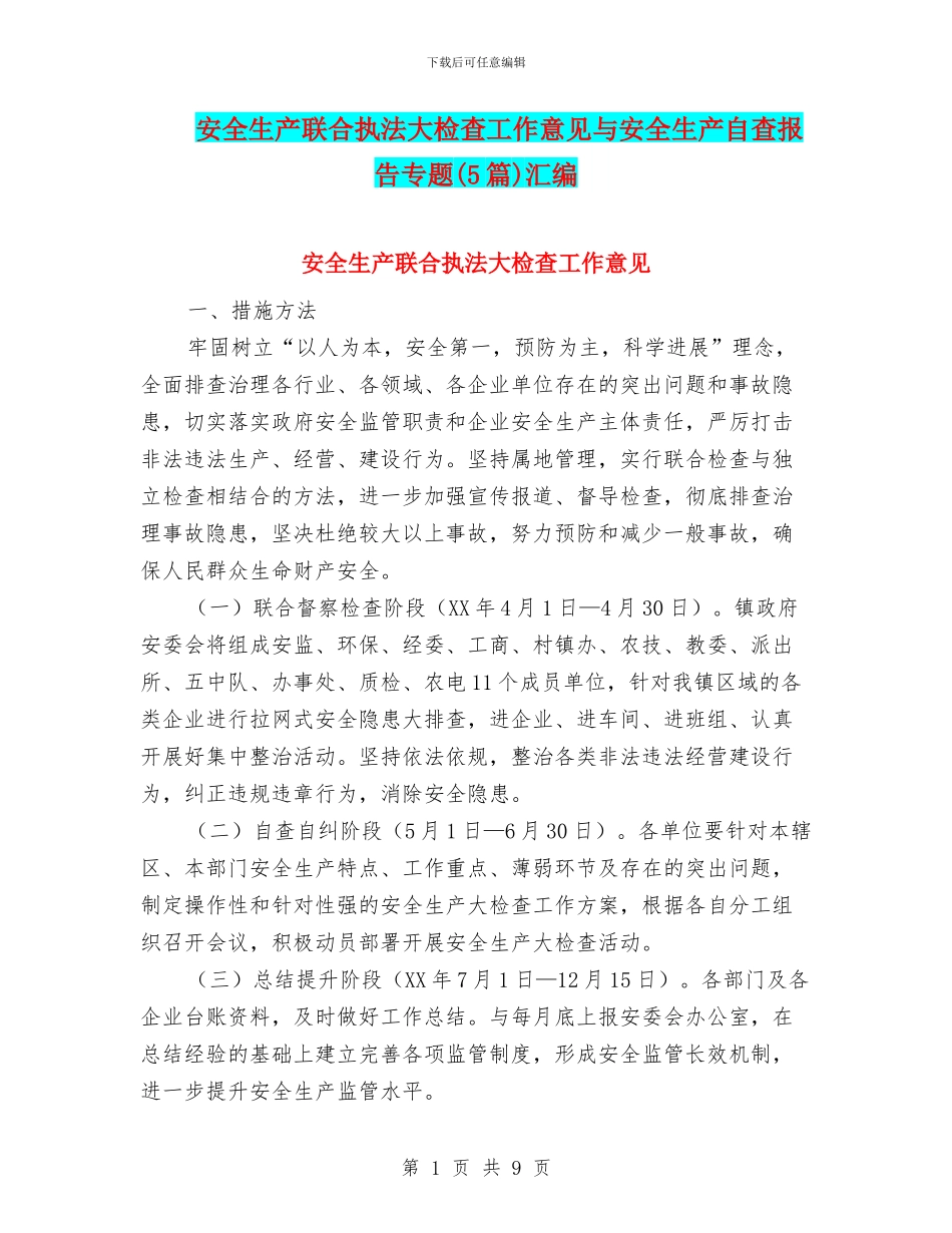 安全生产联合执法大检查工作意见与安全生产自查报告专题汇编_第1页
