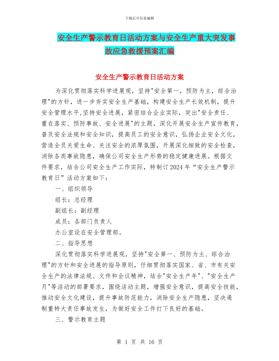 安全生产警示教育日活动方案与安全生产重大突发事故应急救援预案汇编_第1页