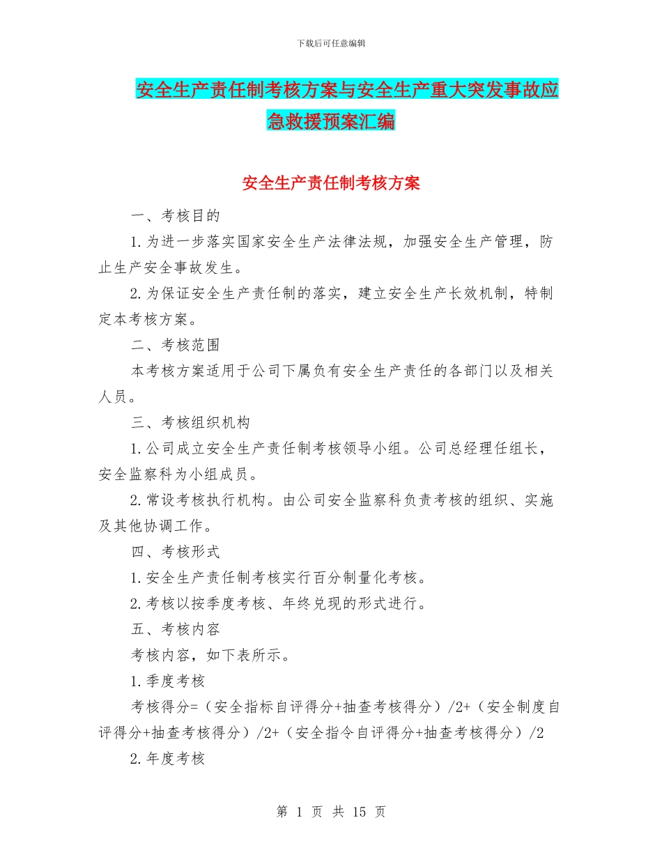 安全生产责任制考核方案与安全生产重大突发事故应急救援预案汇编_第1页