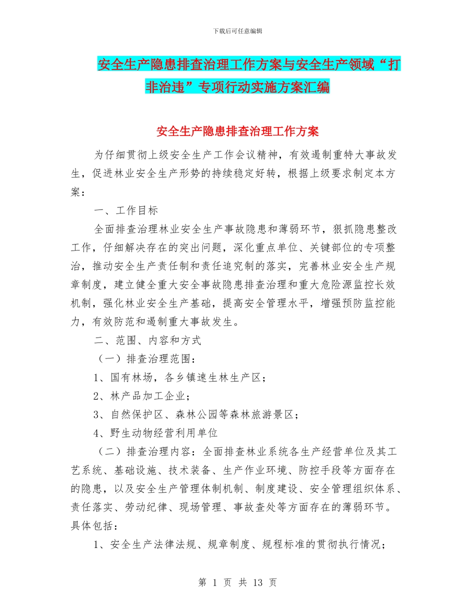 安全生产隐患排查治理工作方案与安全生产领域“打非治违”专项行动实施方案汇编_第1页