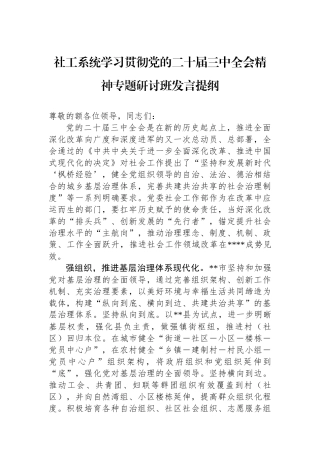 社工系统学习贯彻党的二十届三中全会精神专题研讨班发言提纲
