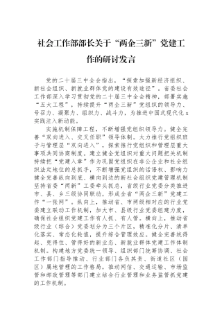 社会工作部部长关于“两企三新”党建工作的研讨发言